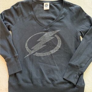 Black V-Neck Sweater with Rhinestone Lightning Bolt Design